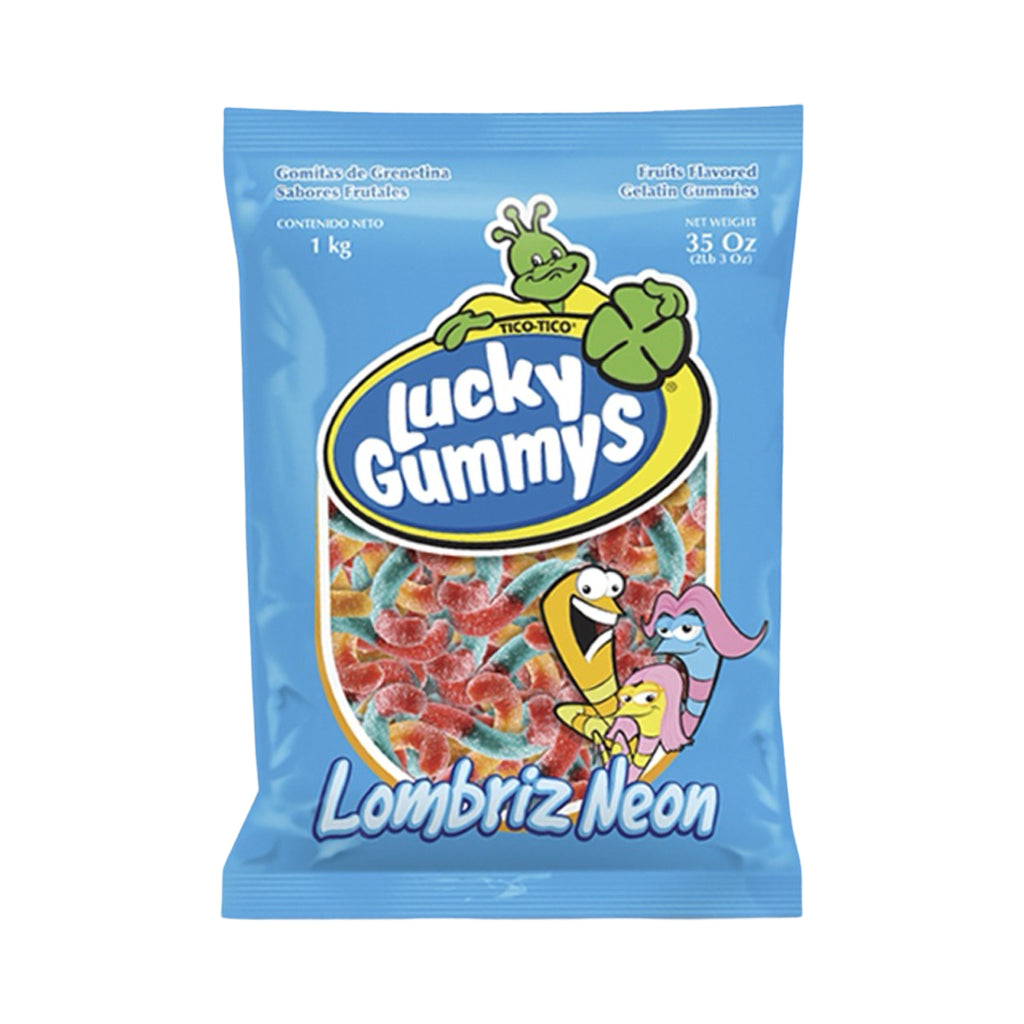 Lucky Gummys Lombriz Neon (Sour Gummy Worms) Bag 1 Kg