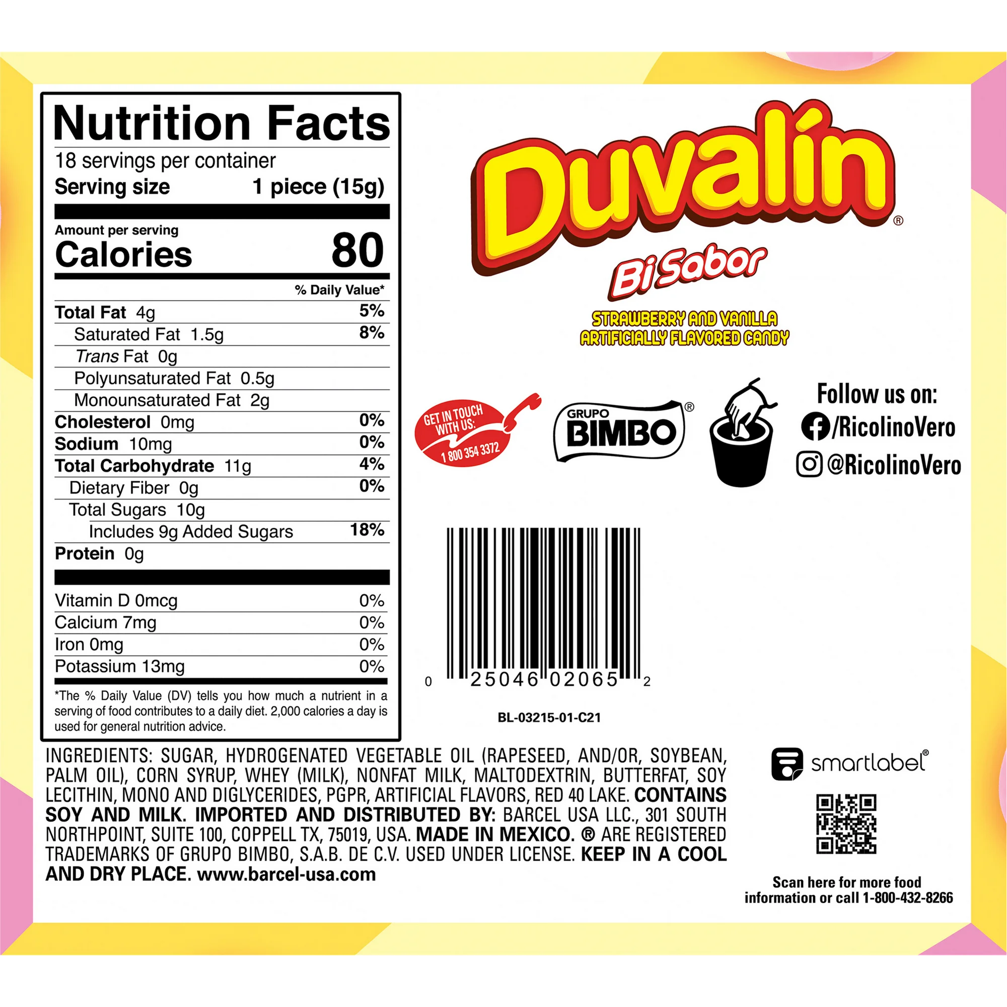 Ricolino Duvalin Strawberry and Vanilla Candy Spread, 9.36 oz, 18 Count Box